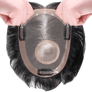 假发片男士短发毛寸手织真发全真人发透气男式可粘可卡头顶补发片