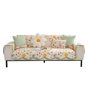 全棉绗缝沙发垫坐垫子防滑布艺加厚田园四季通用纯棉皮沙发巾罩套