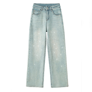 重工满天星烫钻牛仔裤女直筒2026新款浅蓝高腰宽松显瘦窄版阔腿裤