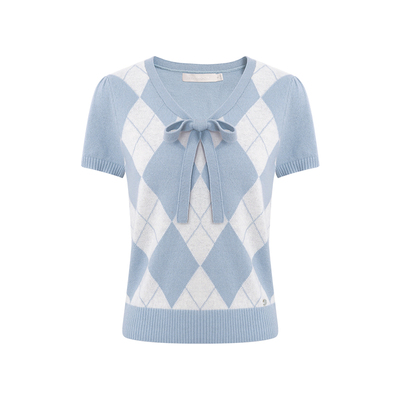 Kroche蝴蝶结系带菱形格针织短袖