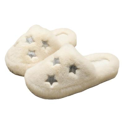 品牌高级感闪亮五角星毛毛拖鞋女外穿秋冬季加绒网红室内居家棉拖
