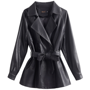 海宁真皮皮衣女士短款韩版系带收腰皮风衣宽松显瘦皮夹克休闲外套