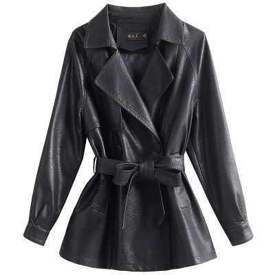 海宁真皮短款系带收腰皮风衣外套