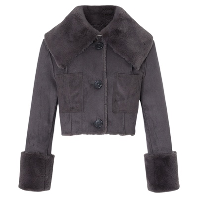 短款翻领宽松仿皮草外套