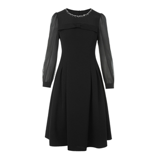 LIME莱茵年早春新款连衣裙圆领长袖高腰收腰小黑裙网纱泡泡袖