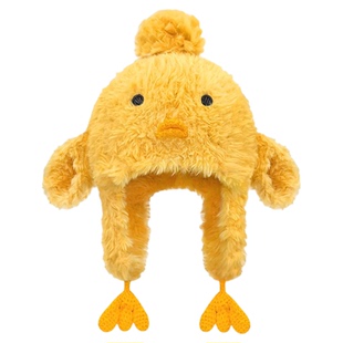 新款可爱小鸡毛绒护耳帽女冬季防寒保暖针织帽子百搭毛线帽雷锋帽