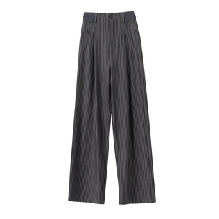雅痞老钱风松弛感条纹裤子女裤秋新款复古垂感直筒阔腿灰色休闲裤