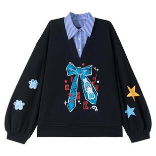 KEIKO 学院风Polo领假两件加绒卫衣女2026春季蝴蝶结印花宽松上衣