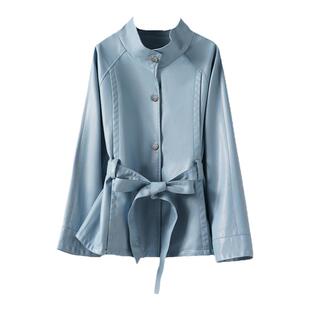 皮衣女中长款立领系带收腰气质皮夹克春秋新款高端海宁绵羊皮外套