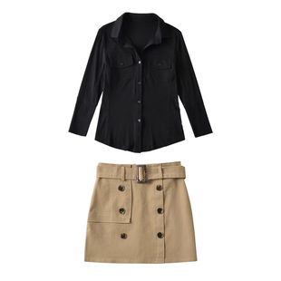 YoungGirlDay纯欲性感单排扣长袖衬衫上衣高腰包臀短裙套装含腰带