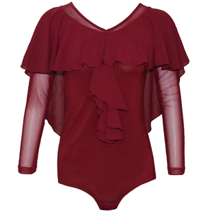 新款国标舞服摩登舞上衣交谊舞红色高级感成人女练功服网纱连体衣