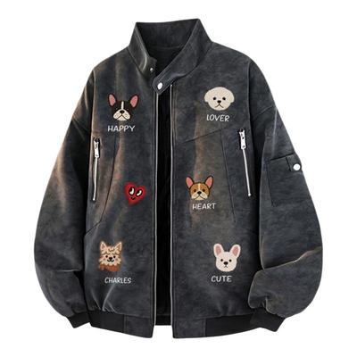 查尔斯桃心小狗印花棉服男女冬季保暖加厚2025新款立领复古外套潮