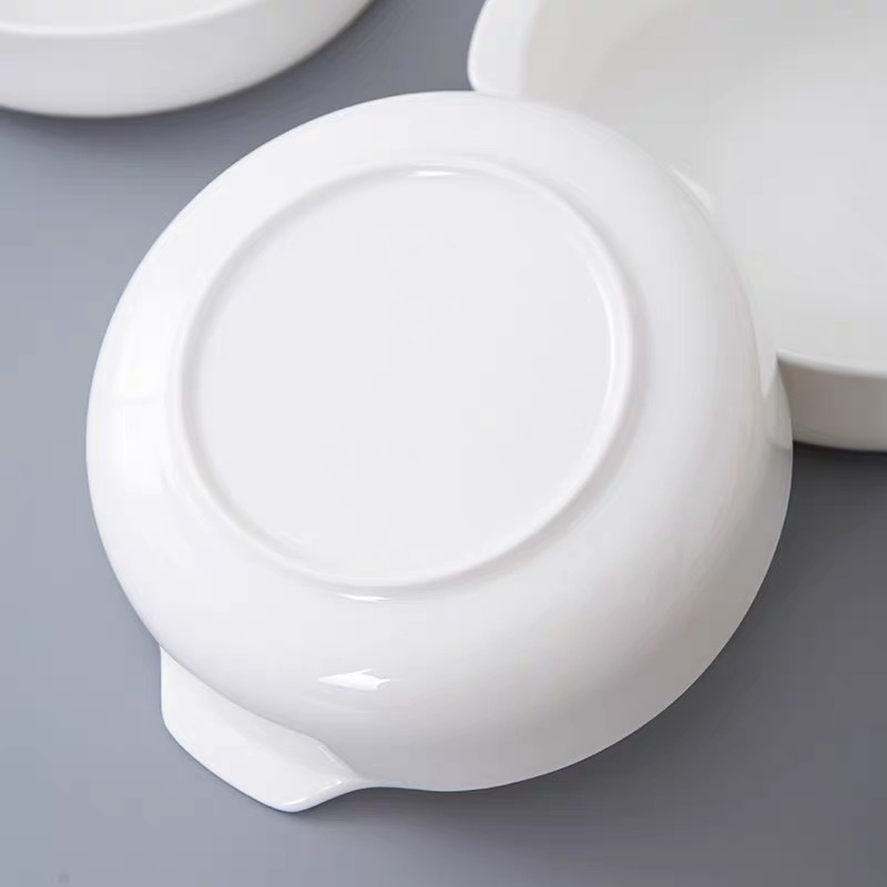 骨瓷深窝盘家用陶瓷白色盘盘子圆形防菜深创意盘双耳烫汤盘