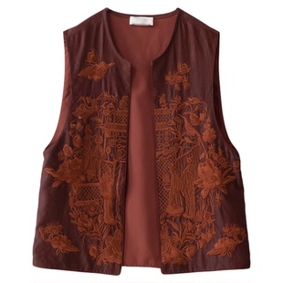 一丝牵 重工刺绣香云纱红云纱真丝马甲桑蚕丝圆领背心国风上衣春