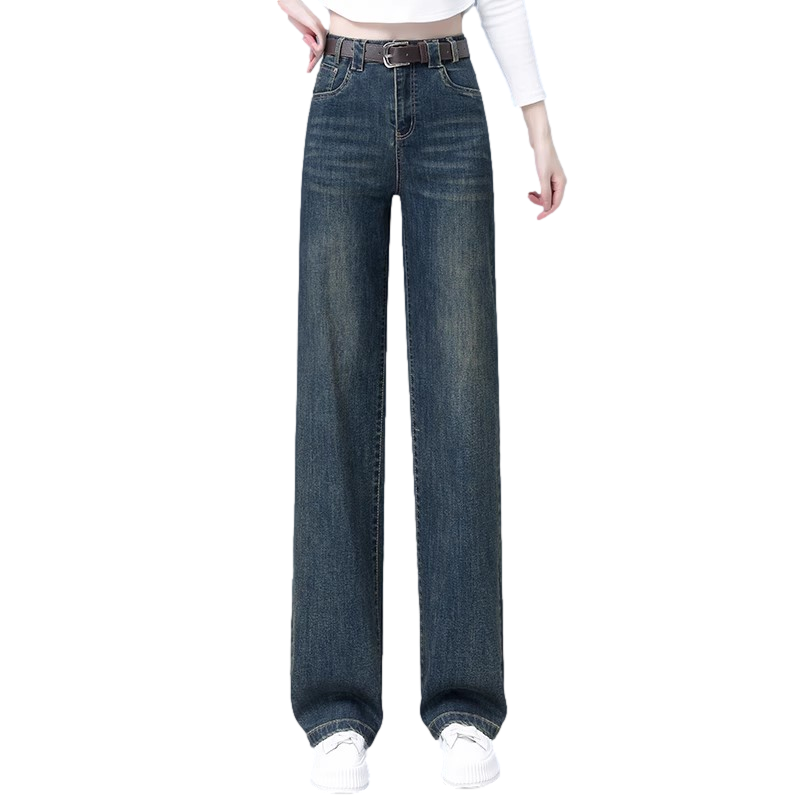 水泥灰九分牛仔窄版阔腿裤女2025春秋新款宽松高腰显瘦直筒长裤女