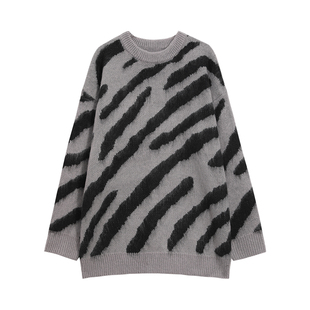 吴童童 斑马纹长款毛衣针织连衣裙女秋冬慵懒宽松休闲过膝裙子