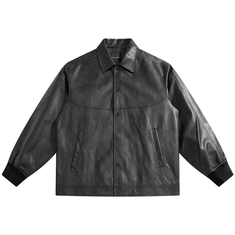 太平鸟男装夹克春秋阔版pu皮外套潮牌复古宽松翻领质感插袋外套潮