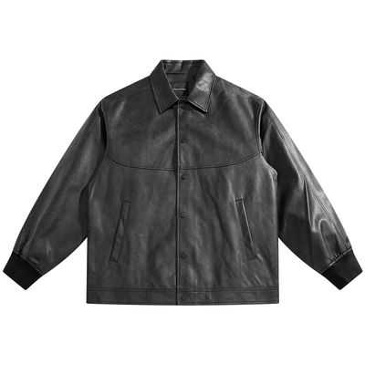 太平鸟男装夹克春秋阔版pu皮外套潮牌复古宽松翻领质感插袋外套潮