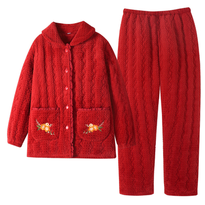 女士三层夹棉加厚睡衣红色本命年