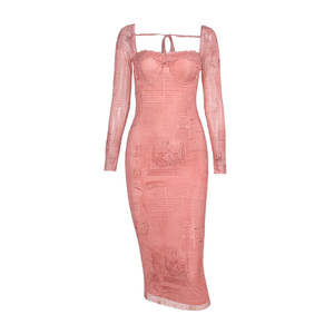 GirlsAt18 法式性感粉色修身连衣裙女辣妹包臀裙蕾丝气质网纱长裙