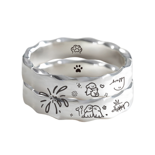 Princess原创999足银情侣对戒线条小狗情侣戒指一对波浪形戒指女