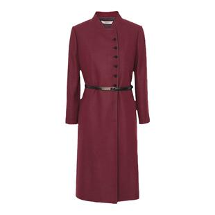 TENGS滕氏秋冬女装优雅波尔多红羊毛连衣裙异色扣饰设计修身挺括