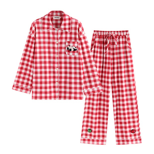 侘町秋冬红白格纹德绒睡衣熊猫刺绣口袋家居服大红本命年红色套装