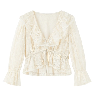 MISSCOCOON可可尼荷叶边法式上衣女2026春季新款白色V领蕾丝衬衫