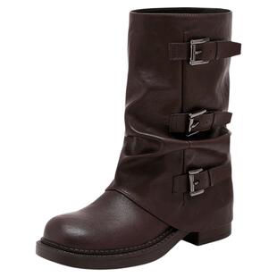 星期六短靴加绒厚底裤管堆堆靴子2025新款秋季骑士靴黑色女靴[直]