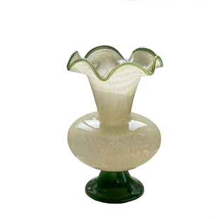 绿色芬顿玻璃花瓶中古法式波浪花边复古文艺风插花客厅装饰摆件