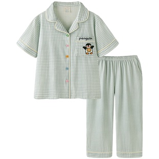 睡衣女款新款A类凉感纯棉短袖长裤两件套企鹅夏季女士家居服套装