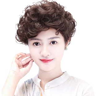 娇滴滴 短卷发时尚 蓬松斜刘海高温丝 逼真中老年妈妈短款假发套