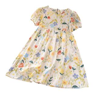 亲子度假风童装夏新款儿童女童绵绸短袖连衣裙宝宝中大童人棉裙子