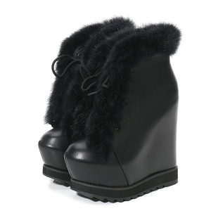 2023秋冬新款15cm超高跟女鞋真皮兔毛雪地靴防水台内增高坡跟短靴