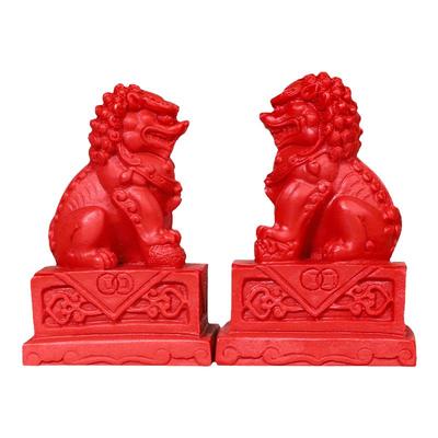 中华醒狮红朱砂狮子家居摆件一对