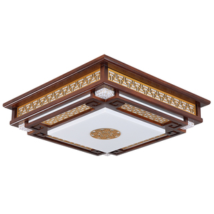 新中式吸顶灯客厅灯实木羊皮灯木艺复古茶室长方形古典书房卧室灯