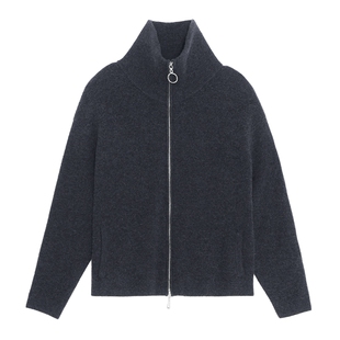 浅秋简约慵懒风纯色翻领拉链开衫纯羊毛针织开衫秋季新款2T30302