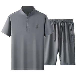 鹿竹爸爸夏季新中式国风套装中老年爷爷刺绣短袖t恤裤子两件套男