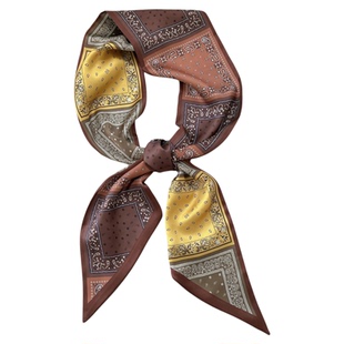 美拉德黄咖色拼色腰果花长条系脖丝巾轻奢高级感围巾2025新款领巾