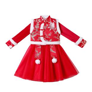 女童旗袍2026新款冬季儿童国风过年红色拜年服冬款小女孩新年衣服