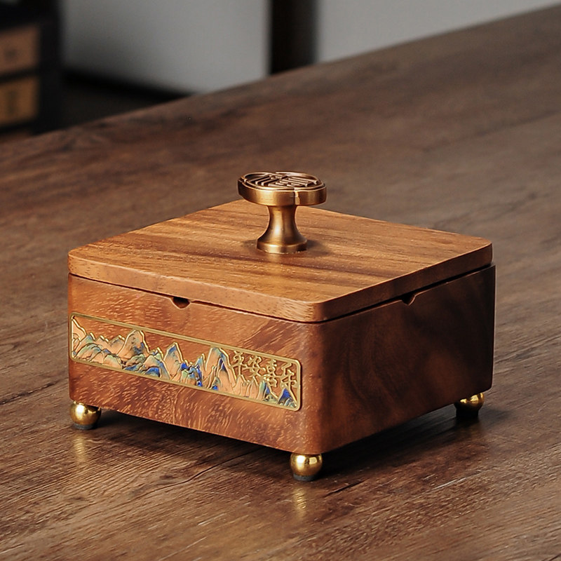 创意中式实木烟灰缸个性潮流家用客厅防飞灰办公室轻奢高级感带盖