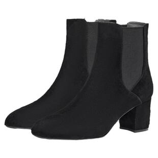 KISSCAT接吻猫新款通勤真皮短靴粗跟绒面瘦瘦靴黑色靴子女