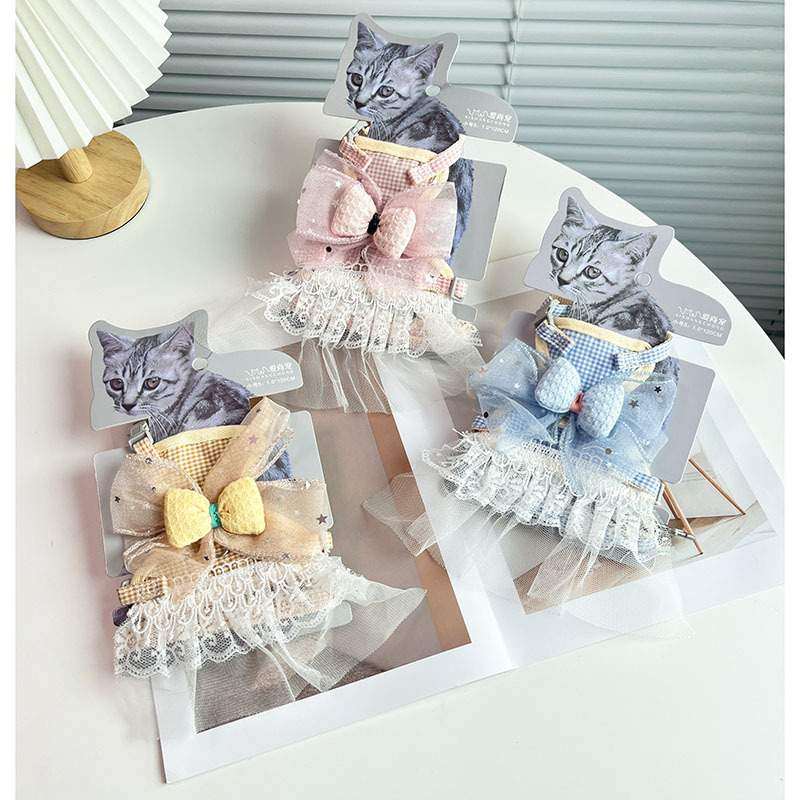 宠物猫狗星空领结蕾丝公主裙背透气式调节可胸牵引绳背心挣脱防