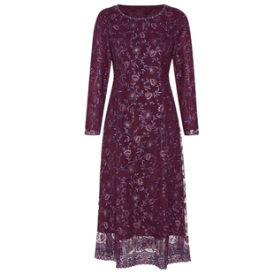 马天奴女装春秋深红色重工花卉刺绣网纱连衣裙子圆领收腰长袖其中