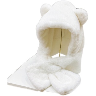 一体围脖帽子女冬天加厚保暖仿兔绒帽可爱小熊耳朵北方防风毛绒帽