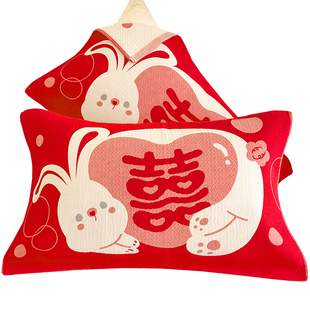 纯棉纱布枕巾一对装红色喜庆成人家用加厚全棉枕头巾结婚盖巾垫巾