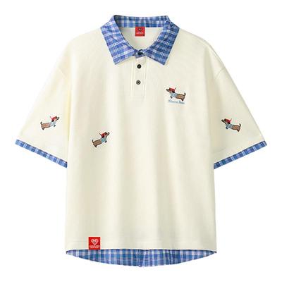 查尔斯桃心 假两件腊肠狗卡通衬衫领短袖T恤男女夏季潮牌美式上衣