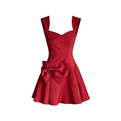 原创复古红植绒波点大蝴蝶结