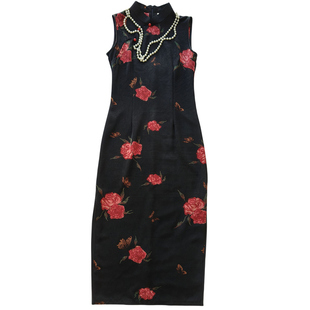 无袖旗袍2026新款高端复古老上海黑色印花绝美性感修身包臀连衣裙