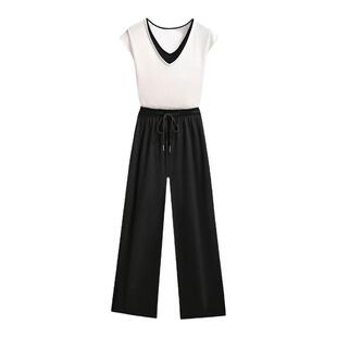 休闲设计感假两件套针织衫撞色上衣松紧腰宽松阔腿裤两件套女夏装